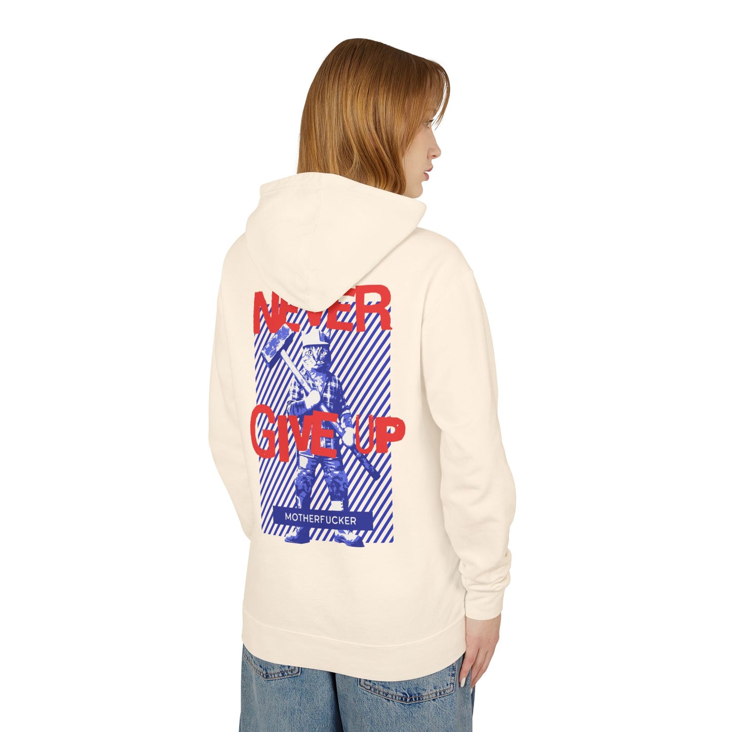 Never Give Up - Unisex Lightweight Cat Hooded Sweatshirt