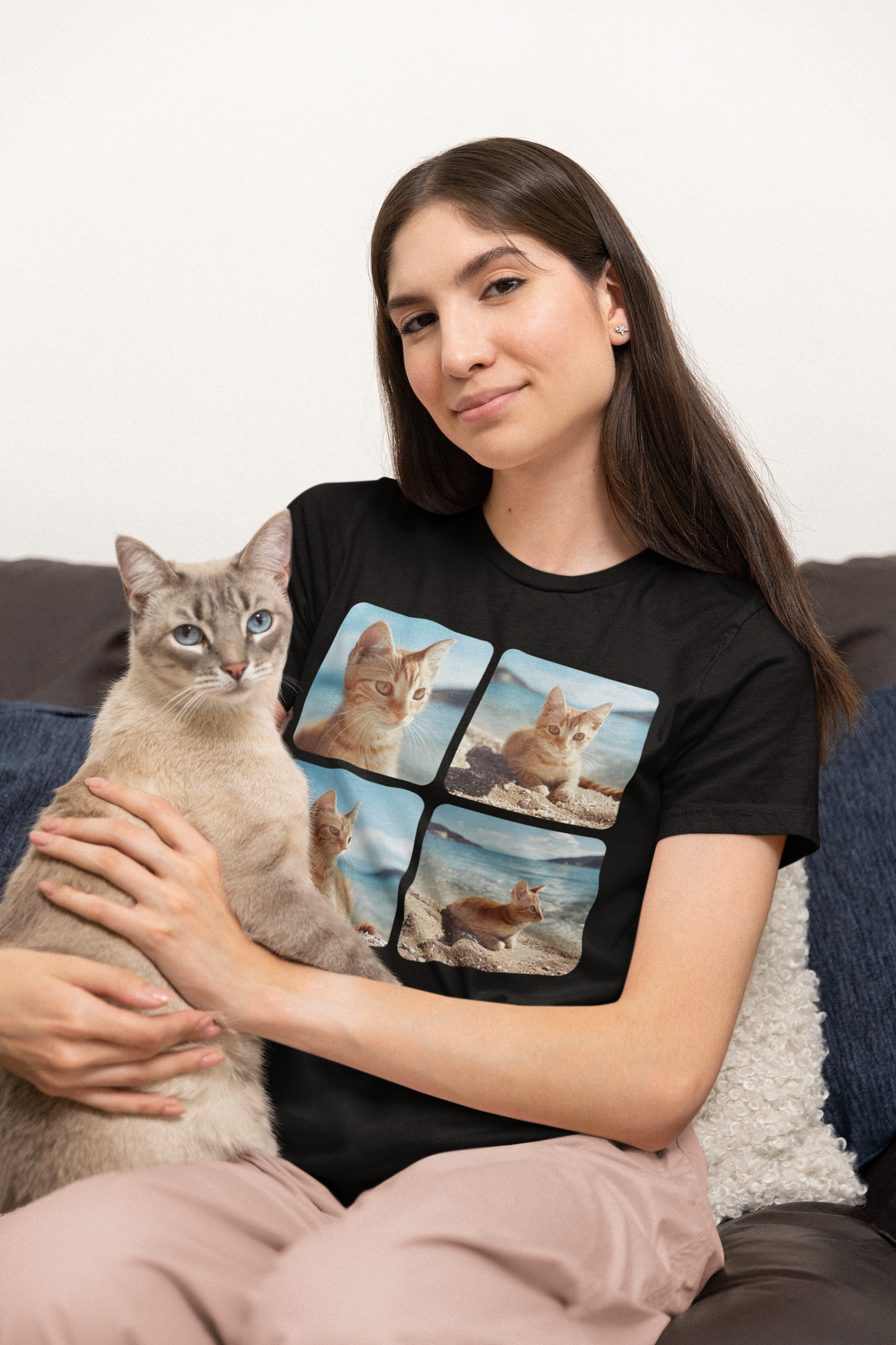 Polaroid Portrait Cat At Beach- Unisex Cat Graphic Tees | Graphic T Shirts
